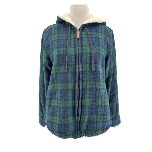 L.L. Bean Women's Sherpa Lined Scotch Plaid Flannel Shirt Zip-Up Hoodie Small - Picture 1 of 7
